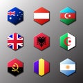 Hexagon icon set. Flags of the world with official RGB coloring and detailed emblems