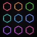 Hexagon neon banners set. Glowing electric borders Royalty Free Stock Photo