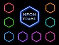 Hexagon neon signs set on black background.