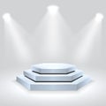 Hexagon podium illuminated by spotlights. Empty ceremony pedestal. Vector illustration. Royalty Free Stock Photo