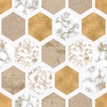 Hexagon seamless pattern with digital marble paper, shiny gold foil, silver glitter texture Royalty Free Stock Photo