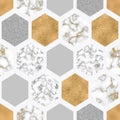 Hexagon seamless pattern with digital marble paper, shiny gold foil, silver glitter texture Royalty Free Stock Photo