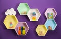 Hexagon shaped shelves with toys on wall. Interior design