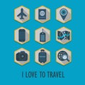 Hexagon travel icons set with long shadow Royalty Free Stock Photo