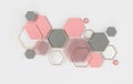 Hexagonal abstract background, depth of field effect. Modern cellular honeycomb 3d panel with hexagons. Ceramic, concrete metallic