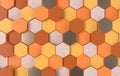 Hexagonal abstract background, depth of field effect. Modern cellular honeycomb 3d panel with hexagons. Ceramic, marble, metallic