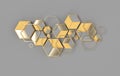 Hexagonal abstract background, depth of field effect. Modern cellular honeycomb 3d panel with hexagons. Ceramic, metallic tile. 3d