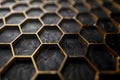 Hexagonal black and gold technological background with captivating highlights for stylish design. Royalty Free Stock Photo