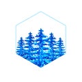 A hexagonal blue frame inside of which a watercolor blue coniferous forest of spruce with snow on branches is isolated