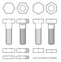 Hexagonal bolt and nuts technical drawing vector illustrations