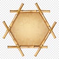 Hexagonal brown bamboo frame with rope and old canvas copy space Royalty Free Stock Photo