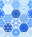 Hexagonal ceramic tile with ornament in blue colors. Seamless pattern Royalty Free Stock Photo