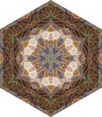 Hexagonal ceramic tile with semitransparent decorative ornament with ethnic motifs