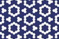 Hexagonal circle pattern in midnight blue, creating abstract hexagon rings with a balanced, symmetrical design. Dig