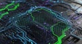 Hexagonal circuit board with glowing green and blue lines and nodes on a dark background hexagonal pattern Royalty Free Stock Photo