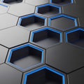 Hexagonal 3D structures with glowing blue edges create a futuristic design. The dark Royalty Free Stock Photo