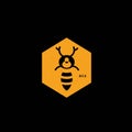 Hexagonal design against a black background features a stylized black bee with Royalty Free Stock Photo