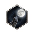A hexagonal design features a wolf howling at a full moon against a starry night sky. Royalty Free Stock Photo