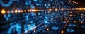 Hexagonal digital circuitry illuminated with futuristic blue and amber lights