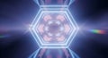 Hexagonal digital tunnel with glowing blue neon light rays futuristic technology background 3d rendering Royalty Free Stock Photo