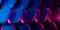 Hexagonal geometric shapes glowing with neon purple and blue light on dark futuristic background 3D render Royalty Free Stock Photo