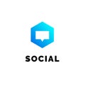 Hexagonal geometrical social network logo icon with speech bubble, simple lines.Honeycomb blue logotype, label for net web design