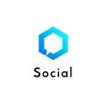 Hexagonal geometrical social network logo icon with speech bubble, simple lines.Honeycomb blue logotype, label for net web design