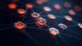 Hexagonal grid with glowing orange and red security icons symbolizing interconnected systems, blockchain security, and encrypte