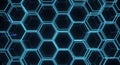 Hexagonal grid pattern with futuristic glowing blue neon lights in a dark background Royalty Free Stock Photo