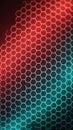 Hexagonal Grid Pattern Illuminated by Red and Cyan Neon Lights on a Carbon Fiber Texture Background Royalty Free Stock Photo