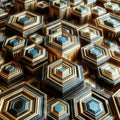 Hexagonal Harmony: Futuristic Pattern in Black, Gold, and White, generative ai