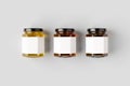 Hexagonal honey jars mockup with blank label. Three different colors