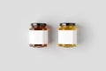 Hexagonal honey jars mockup with blank label. Two different colors