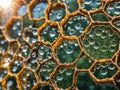 Hexagonal Honeycomb Pattern Revealed Water Drips Inside Clear Cells, Creating a Mirrored Artwork Under Sunlit Conditions Royalty Free Stock Photo