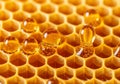 Hexagonal honeycomb structure with translucent golden honey droplets. The honeycomb is made of Royalty Free Stock Photo