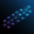 Hexagonal icons floating diagonally against a dark blue gradient background,