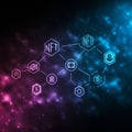 Hexagonal icons interconnected, representing various concepts: NFT, cryptocurrency, Royalty Free Stock Photo