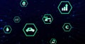 Hexagonal icons representing various technologies and metrics, futuristic image
