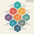 Hexagonal infographic featuring seven connected colored hexagons on a light Royalty Free Stock Photo