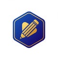 Hexagonal logo with a blue gradient background features a stylized gold pencil and Royalty Free Stock Photo