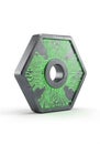 Hexagonal metal object with a central hole, featuring a green printed circuit board Royalty Free Stock Photo