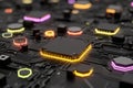 The hexagonal microchip is handling data on a circuit board from the future Royalty Free Stock Photo