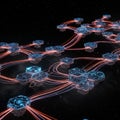 Hexagonal modules linked by glowing lines in a digital, network-like structure against Royalty Free Stock Photo