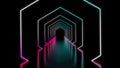 Hexagonal neon background in purple blue colors. Tech background futuristic space tunnel light. Future,black neon cyber