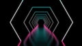 Hexagonal neon background in purple blue colors. Tech background futuristic space tunnel light. Future,black neon cyber