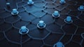 Hexagonal network of interconnected nodes with glowing blue connections in a dark digital space Royalty Free Stock Photo