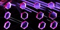 Hexagonal network nodes glowing purple neon on dark futuristic digital background technology concept Royalty Free Stock Photo