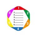Hexagonal numbered chart. Colorful infographic template. Structured list vector. Modern geometric diagram.
