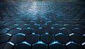 Hexagonal pattern with glowing blue lines on a dark, reflective surface, creating a futuristic, technological design. Generative Royalty Free Stock Photo