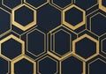 Hexagonal pattern with gold outlines on a dark background. The interlocking hexagons create a Royalty Free Stock Photo